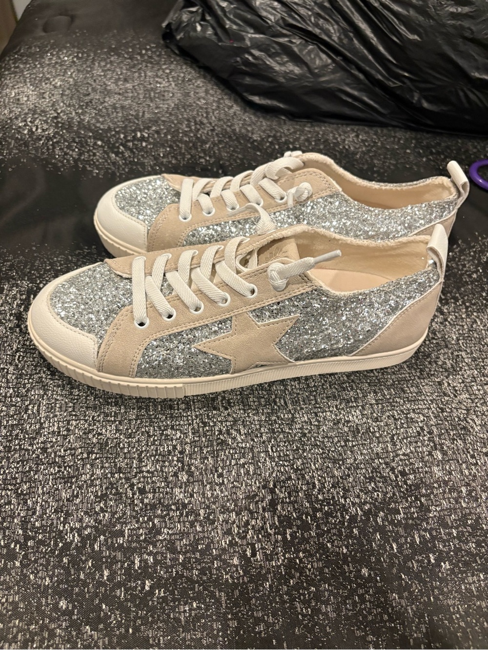 Yellow Box Silver Glitter Star Lace-Up Sneakers with Cream Accents